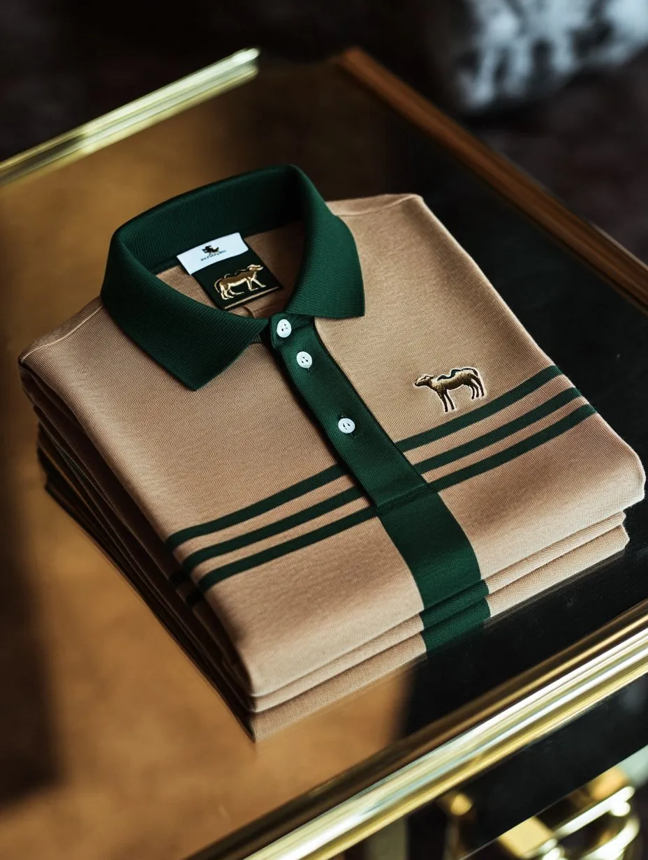 Premium Beige & Forest Green Stripe Polo Shirt - Luxury Cotton Designer Polo | Smart Casual Menswear | XS-6XL