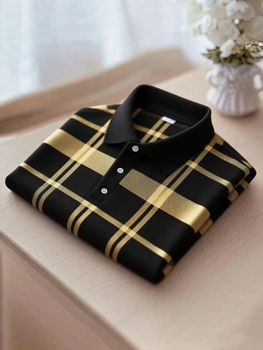 Luxury Black Gold Plaid Polo Shirt - Premium Designer Cotton Polo for Men | Classic Check Pattern | XS-6XL