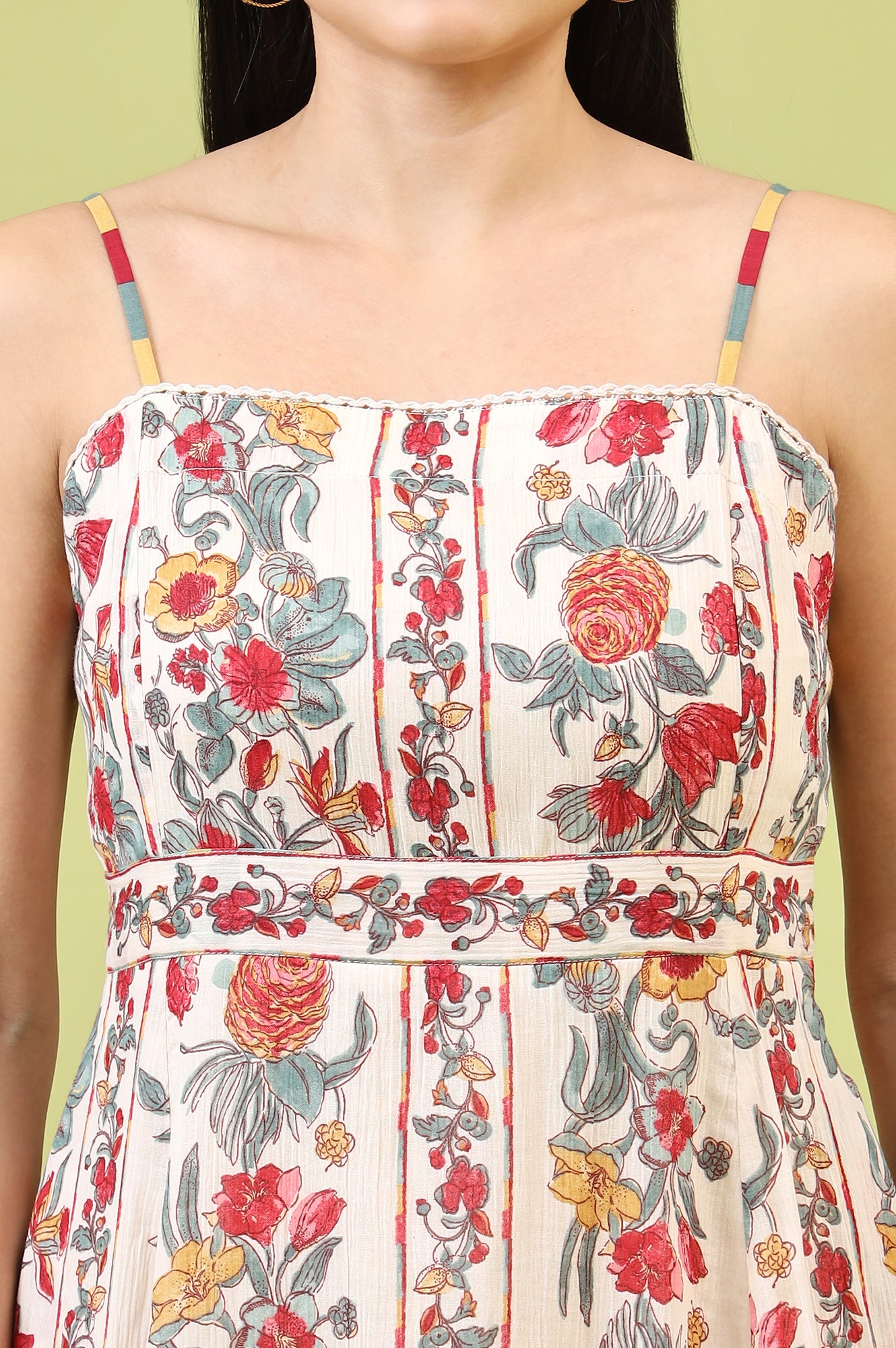 Off-White Vibrant Floral Printed Pure Cotton Flared Spaghetti Dress - Image 9